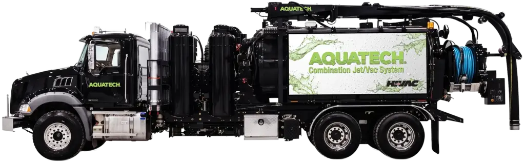 Aquatech combination sewer jetter truck with Jet/Vac System branding and mounted reel for sewer cleaning applications.