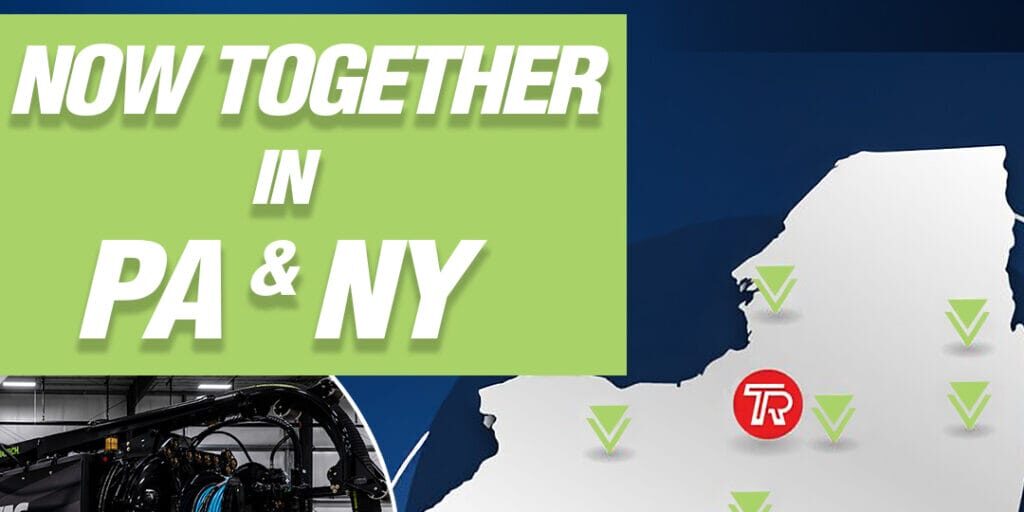 Tracey Road and Aquatech partnership announcement, featuring Aquatech sewer jetter and map of PA and NY with location markers.